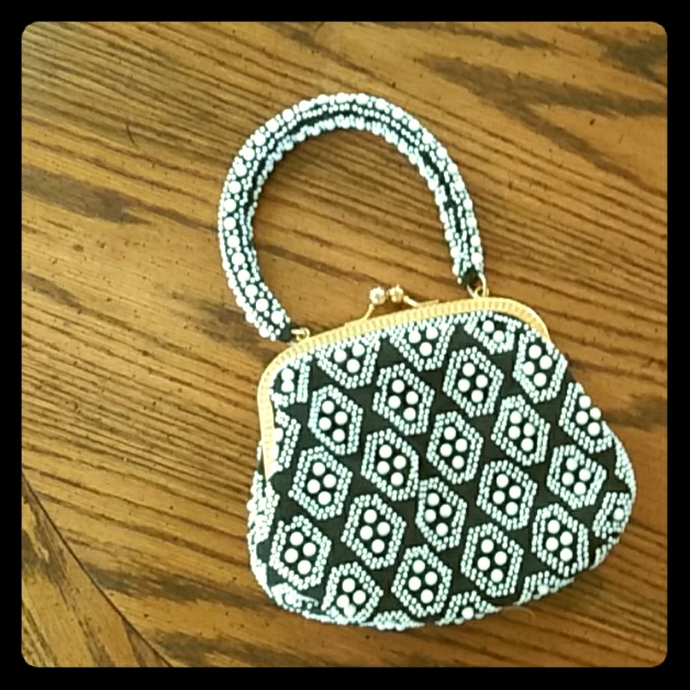 Beaded Black & White Mini Handbag with Gold Frame
